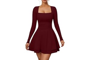 XXTAXN Women’s Sexy Long Sleeve Square Neck Flowy Hem Ruched High Waist Party Mini Dress with Side Pocket