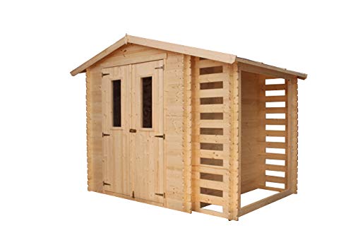 TIMBELA M386C ABRI de Jardin en Bois Exterieur - Chalet en Pin/d'épicéa + Bucher- H215 x 256 x 200 cm, 3.53 m²+ 168 x 56 cm, 0.97 m²