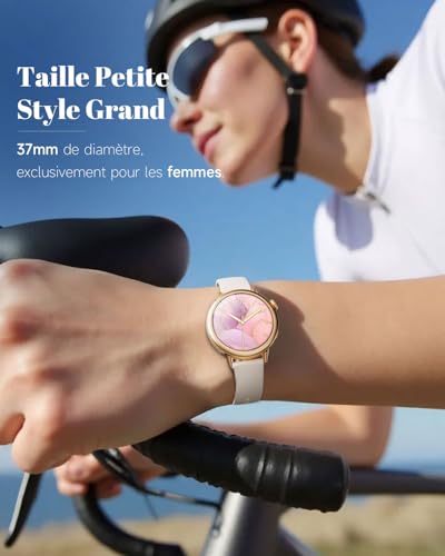 TOOBUR Women's Small Wrist Smart Watch, 37 mm AMOLED Display, Round Smartwatch, Sport Smart Watch with Pedometer, Smart Watch Compatible with Android and iOS, Beige