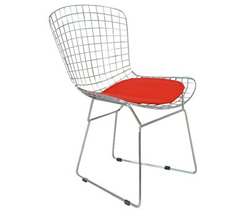 Bertoia Style Wire Side Dining Chair In Chrome Finish (Red Seat Pad)
