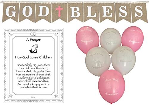 God Bless Laced Burlap Banner for Girls First Holy Communion, Christening, Baptism Banner, Catholic Decorations - Large Reusable 8X6 Banner | White letters with Pink Cross and 6 Balloons