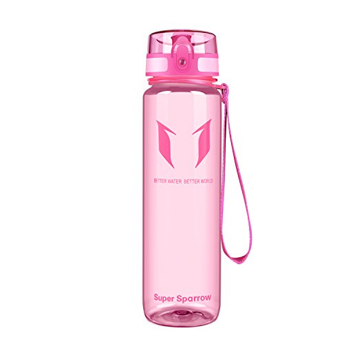 Super Sparrow Sports Water Bottle - Eco Friendly & BPA-Free Plastic - Fast Water Flow, Flip Top, Opens With 1-Click - Reusable with Leak-proof Lid (Bright-Pink, 350ml-12oz)