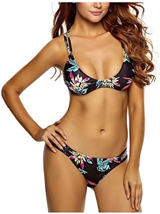 Lifeisbest Women Sexy Strappy Cage Floral Print Black Bikini Swimsuit(S4-6)