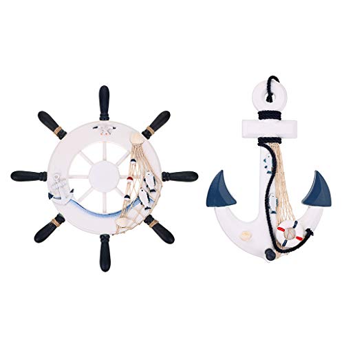 Skelang 13" Wooden Ship Wheel and Wood Anchor with Fish Rope Net Seashells Ornaments, Boat Steering Rudder Decor for Nautical Theme Wall Decor, Beach Theme Home Decoration, Pack of 2