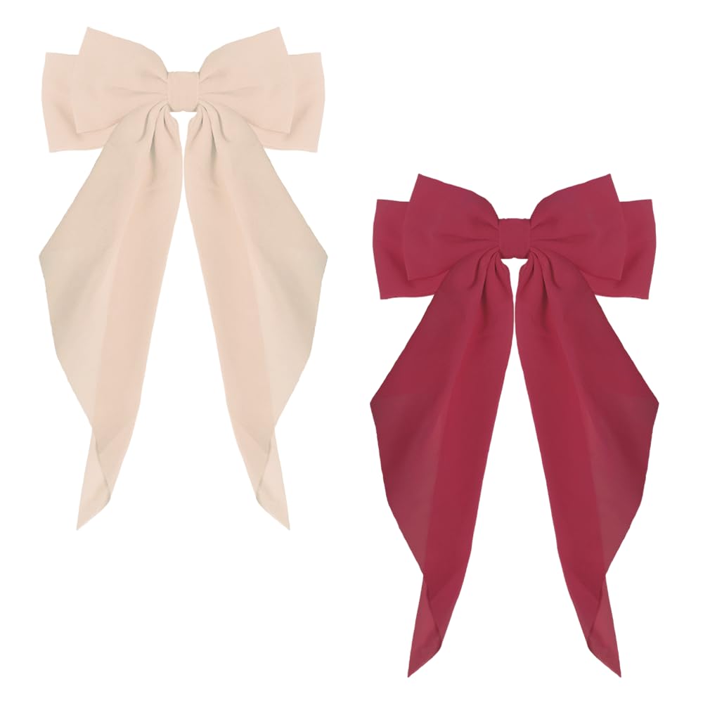 ZEVONDA 2 Pieces Big Bow Barrettes - Chiffon Hair Bow Clips French Bowknot with Long Tail Solid Color Bowknot Metal Hairpin Women Girl (Pink+Rose Red)