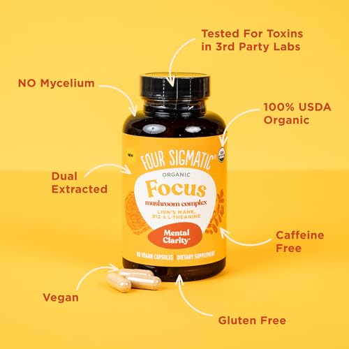 FOUR SIGMATIC FOCUS CAPSULES | LION’S MANE SUPPLEMENT CAPSULES | BRAIN BOOSTING COMPLEX WITH ASHWAGANDHA, BACOPA MONNIERI & RHODIOLA | VEGAN NOOTROPIC ADAPTOGEN & MUSHROOM SUPPLEMENT | 30 SERVINGS