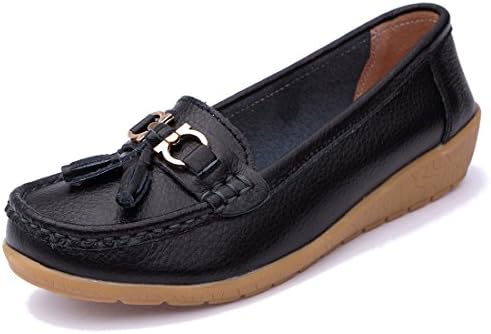 BTDREAM Women's Leather Tassel Loafers Casual Moccasin Driving Flat Slip-On Shoes Black Size 42