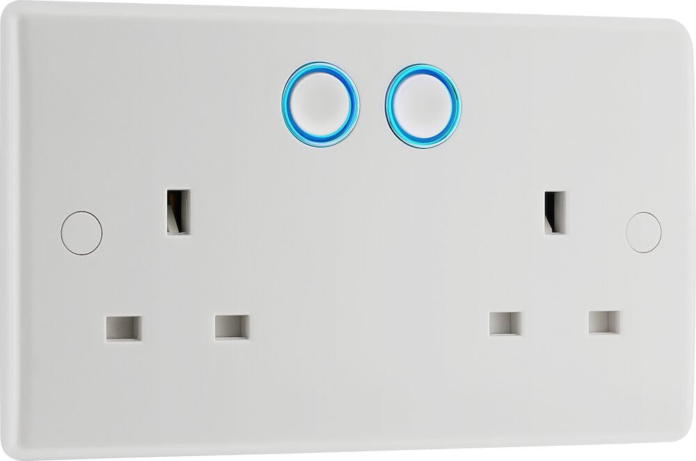 BG Electrical Double Switched Power Wall Plug Socket with Smart Home Control, Touch, Voice or App Control, Timer Function, Security Options, Round Edge, Nexus 800 Series, White Moulded, 13A, 822/HC