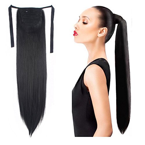 Haironline One Piece Tie Up Ponytail Clip in Hair Extensions Hairpiece Binding Pony Tail Extension for Girl Lady Woman natural black