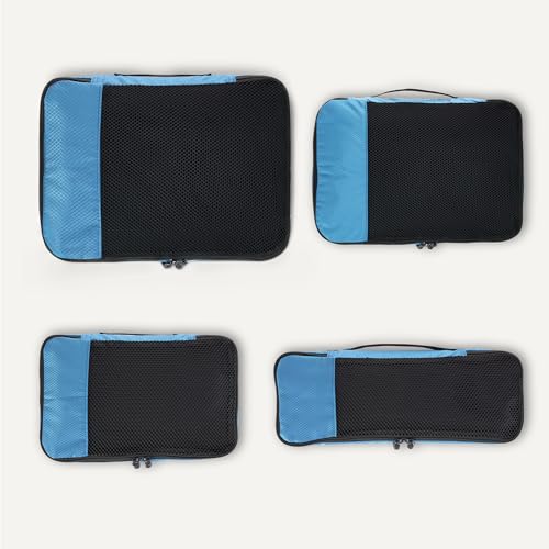 , Set di 4 Packing Cube, Accessori da Viaggio, Organizer per Bagagli con Doppia Cerniera, Parte Superiore in Rete, 100% Poliestere, S/M/L/Slim, Blu Cielo (in Precedenza Amazon Basics)