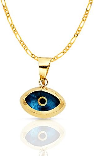 Ioka Jewelry - 14K Yellow Gold Blue Evil Eye Charm Pendant with 2mm Figaro 3+1 Chain Necklace - 24"