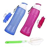 AquaFlexi (Set of 2 with Bonus Brush) 17Oz Collapsible Water Bottle - Foldable, Flexible Silicone, Travel, Sports, BPA Free, FDA Approved