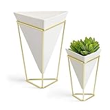 2-Pack White Geometric Vase Set, Big & Small Modern Desktop Planters for Succulents, Small Artificial Plants, Faux Flowers, Cactus Plants & More, Ceramic Planter with Stand, Indoor Desk Plant Pots