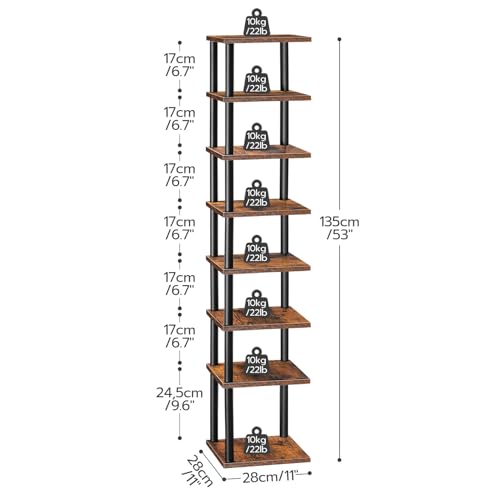 HOOBRO Vertical Shoe Rack for Small Space, 8-Tier Corner Shoe Rack, Narrow Shoe Storage Organizer for Entryway, Hallway, Bedroom, No-Tool Assembly, Wooden, Rustic Brown and Black EBF22XJ01