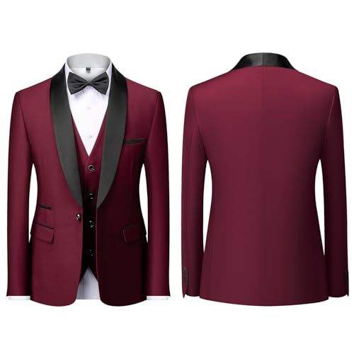 KUDMOL Men's 3-Piece Suit Wedding Slim Fit One Button Business Tuxedo Suits 3 Piece Solid Color for Party Comfort Blazer Jacket and Trousers Vest