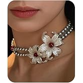 FliuSuax Pearl Necklace Big Flower Choker Necklaces Vintage Faux Round Pearl Layered Chunky Short Choker Necklace Christmas Wedding Bride Jewelry Gifts