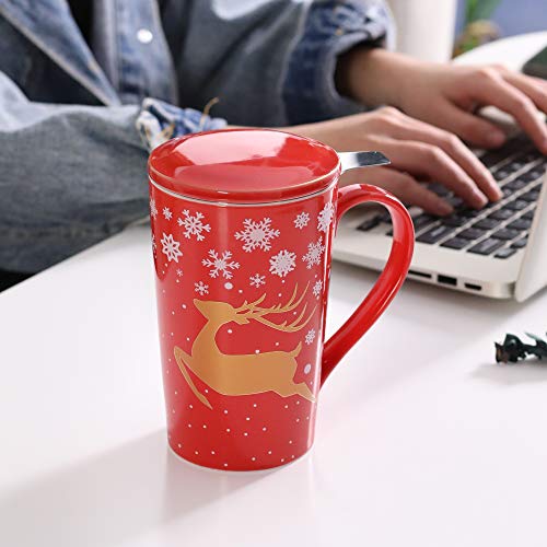 TEANAGOO M58-12 Porcelain Tea-Cup with infuser and Lid, 18 OZ, Red Golden Deer, Best Gift for Christmas & New Year