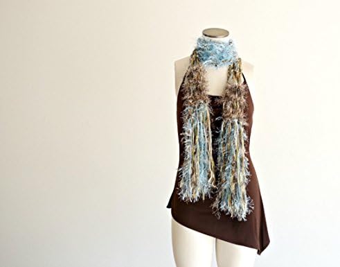 Fringe Scarf, Ribbon Scarf (Western Scarf for Women Knit in Blue, Bronze, Tan)