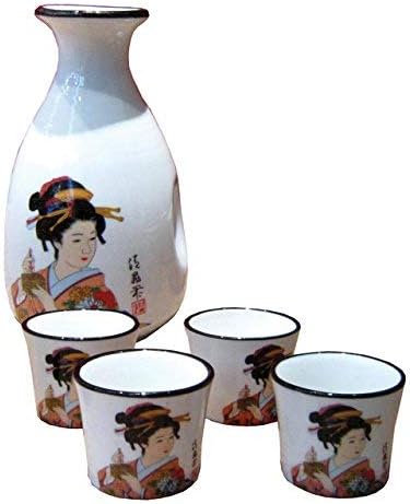 Teeblume Asian sake set Geisha, white, 5 pieces, with Geisha decorations, 1x sake carafe approx. 260ml & 4X Sake Mugs Asian Porcelain Traditional Japanese Design Gift Box