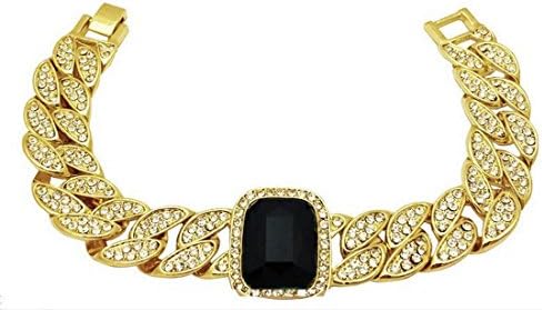 Big Dawgs BlingMens Hip Hop Iced CZ 14K Gold Plated 16mm Cuban Link Bracelet 8.5" (Black Onyx)