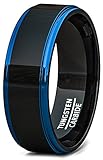Mens Wedding Band Two Tone Polished Black Tungsten Ring 8mm Blue Step Edge Comfort Fit
