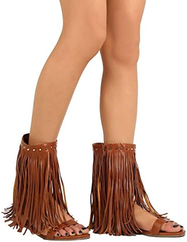 Women Leatherette Open Toe Studded Mid Calf Hanging Fringe Sandal FJ35 - Cognac