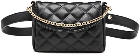 Women's Stylish Black Leather Waist Fanny Pack Belt Crossbody Bag with Metalic Chain