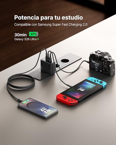 Cargador USB C GaN 100W, 3-Puertos Cargador Rápido Compacto con Cable USB C de 100W 1.5m, Cargador de Viaje para Portátil MacBook Pro Air 14, iPhone 17 16 Pro Max iPad Samsung S26 S25 Ultra Pixel
