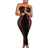Hey Song Women's Mesh Cut-Out Bandeau Bodycon Slips Fishnet Lingerie Bodysuit Club Wear Party Long Tube Dress Outfits Covers