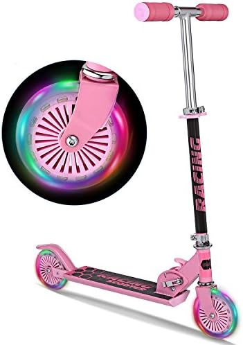 Leoneva 2 Wheel Aluminum Alloy Kick Scooter Adjustable Height Scooter with LED Light Up ABEC-7 PU Flashing Wheels for Toddler Children Kids Boys Girls Age 3 and Old (US STOCK) (Pink)