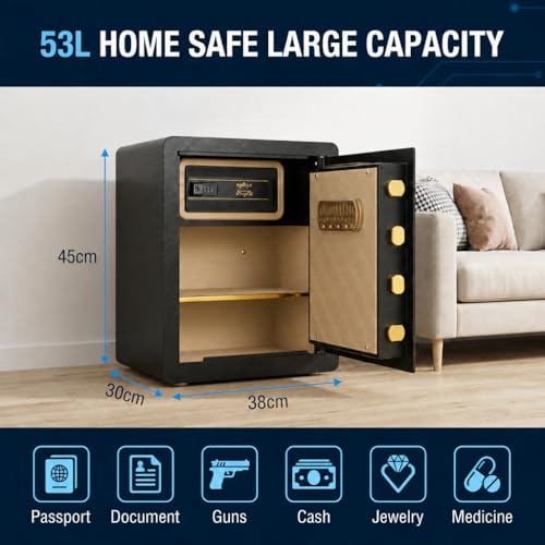 Asylosss 53L Home Safe with Hidden Code Drawer, 3-Layer Storage & Adjustable Shelf, Heavy Steel Multipoint Bolts, Triple Access, Dual Alarm, Wall Mountable – for Cash, Jewelry, Documents