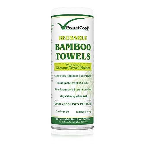 Practicool-Bamboo-Kitchen-Towel-Roll-Friendly-Reusable-White-Washable-30-Sheets-11-x-12-inch-with-bonus-Chrome-Towel-Holder