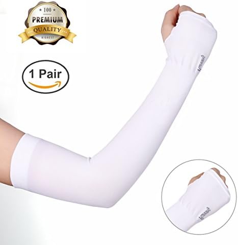 UV Protection Cooling Arm Sleeves- Alisr Sunblock Cooler Protective Long Arm Cover Sleeves for Men/Women, Sun Sleeves with Hand Cover, Sports Gloves Cycling Golf Basketball Driving (1 Pair-White)