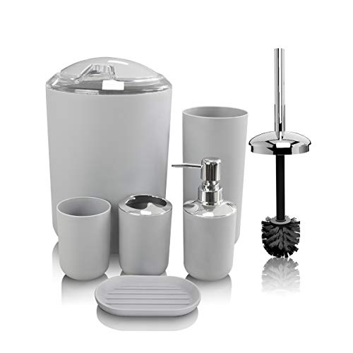 TEKITSFUN Grey Bathroom Accessories Set, 6 Pieces Plastic Gift Bath Accessory Sets Luxury Ensemble Includes Toothbrush Holder,Toothbrush Cup,Soap Dispenser,Soap Dish,Toilet Brush Holder,Trash Can