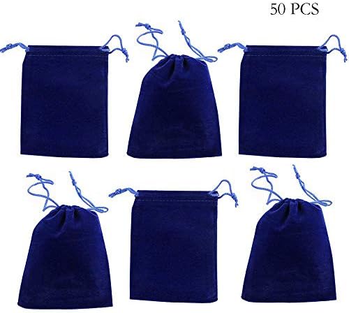 50PCS Velvet Cloth Jewelry Pouches Drawstring Bags Christmas Candy Gift Bag Pouch Wedding Favors-Blue-3" x 4"