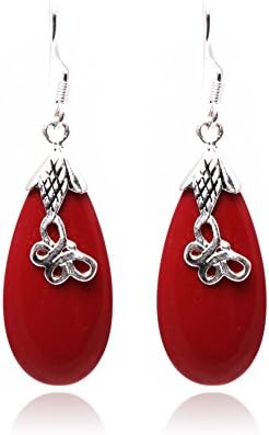GEM-inside12x30mm Drip Manmade Red Coral Beads Marcasite Tibetan Silve Dangle Earrings Jewelry