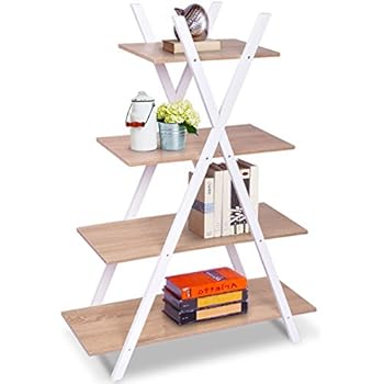 Giantex 4 Tier Bookshelf Storage Shelves Bookcase Ladder Shelf Home Office X-Shape Potted Plant or Flower Rack Display Shelves Easy Assembly (Natutal and White, 31.5