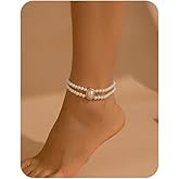 Egfyqzbryn Dainty Pearl Anklet Bracelet Boho Layered Anklets Trendy Retro Pearl Ankle Bracelet Summer Beach Beaded Anklet Foot Jewelry for Women (White)