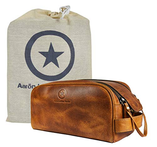 10" Premium Leather Toiletry Travel Pouch With Waterproof Lining | King-Size Handcrafted Vintage Dopp Kit By Aaron Leather Goods (Caramel - Dual Zipper)