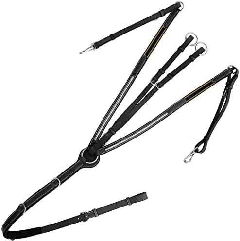 Exion Stainless Steel Clinched Padded Breast Plate with Running Attachment and Stainless Steel Buckles | Navy Blue Elastic with Yellow Lines | English Horse Riding Premium Tack
