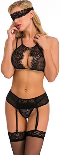 Women's Sexy Lace Lingerie Set with Garter Belts and Black Stockings,Lace Mask