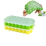 Ice Cube Trays,2 Pack Food Grade Silica Gel Flexible and BPA Free 74 Cubes Ice Trays with Lid Stackable Mini Cocktail Whiskey Ice Cube Mold Storage Containers-Green/Yellow
