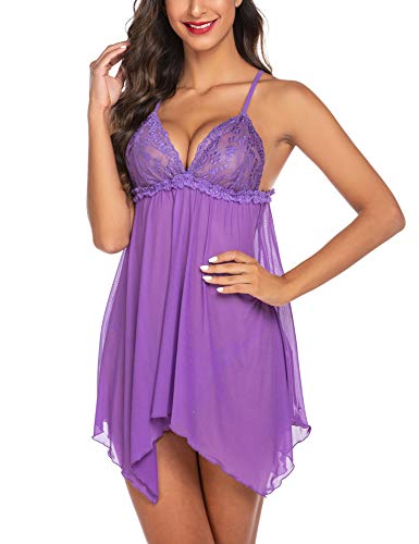Avidlove Women Lingerie Lace Babydoll Sexy Nightgown Sheer Sleepwear Purple