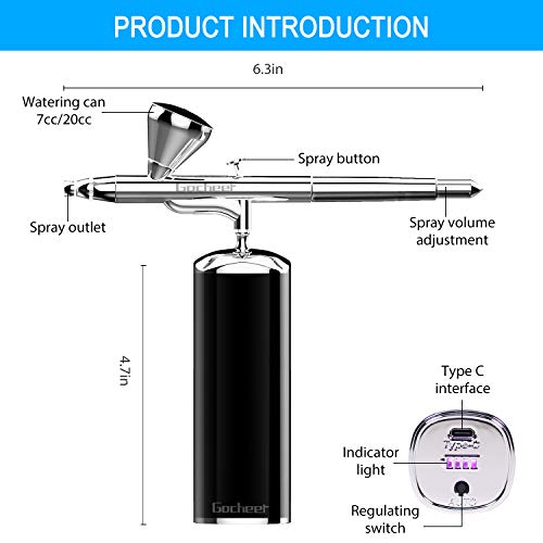 Gocheer Airbrush Kit,Mini Double-Action Auto Airbrush, Professional Cordless Airbrush Set,USB Rechargeable Airbrush with Quiet Air Compressor for Makeup,Art Nail,Painting,Tattoo,Model Coloring
