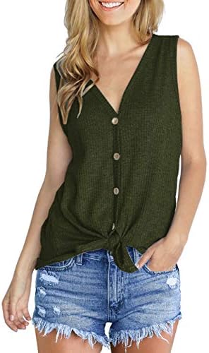 Womens Loose Henley Blouse Sleeveless Button Down T Shirts Tie Front Knot Tops