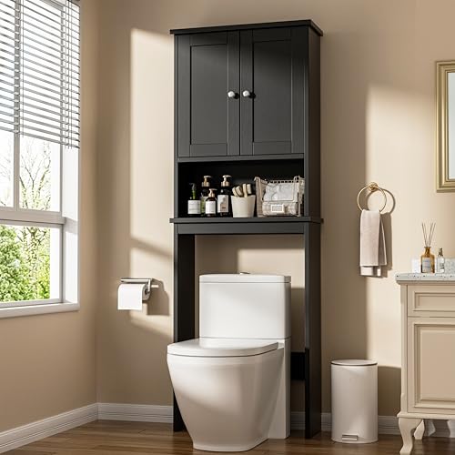 Shintenchi Over the Toilet Storage Cabinet, Bathroom Shelf Organizer with Anti-Tip Device Small Freestanding Space Saver with Adjustable Shelf, Black