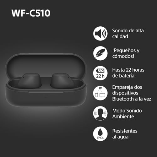 Fones de ouvido sem fio pequenos e leves sony wf-c510, com conexão multiponto, modo de som ambiente, resistência à água ipx4, spotify tap, carregamento rápido, 22 horas de bateria, ios e android - preto
