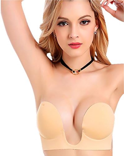 Luxanna Strapless Backless Bra, Deep U Plunge Push Up, Self Adhesive, Sticky Reusable Adhesive Invisible Bras for Women D Cup