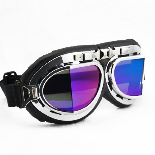 Retro Style Military WWII RAF Aviator Pilot Chrome Plated Frame Dazzling Reflective Rainbow Color All Angle Spit Lens Elastic Strap Padded Frost Free Unisex Men Women UV Goggles For Outdoor Biking Trekking Skiing Snowboarding Ice Sledding Off Road Motorcross