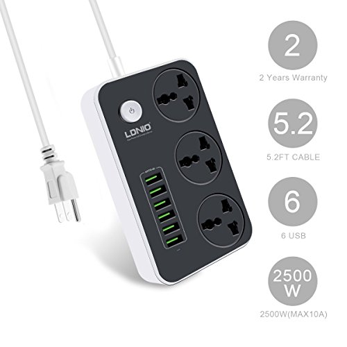 Power Strip USB Power Socket Surger Protector 3-Outlet with Fast 6 USB (5V 3.4A) Charging Station 10A 2500W and 5.2ft Cord for home, office with Safe Cover